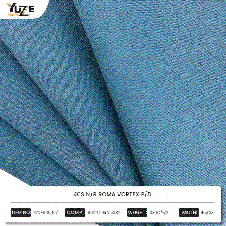 YZK-060007 40S N/R ROMA Vortex P/D: الجمع بين مزيج عالي الأداء من Rayon و Nylon و Spandex ، فإن تقنية دوامة الدوامة تخلق خيار أزياء متين ومريح